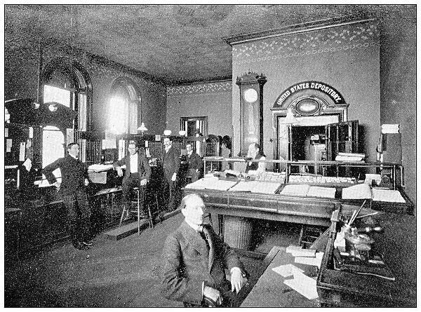Antique photograph from Lawrence, Kansas, in 1898: Interior of Bank