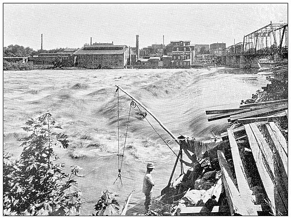 Antique photograph from Lawrence, Kansas, in 1898: river and Manufacturing district