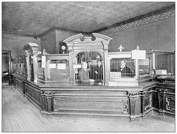 Antique photograph from Lawrence, Kansas, in 1898: Lobby of Bank