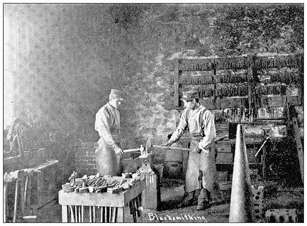 Antique photograph from Lawrence, Kansas, in 1898: Haskell Institute, Blacksmith