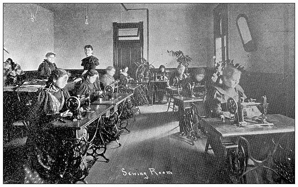 Antique photograph from Lawrence, Kansas, in 1898: Haskell Institute, Sewing Room