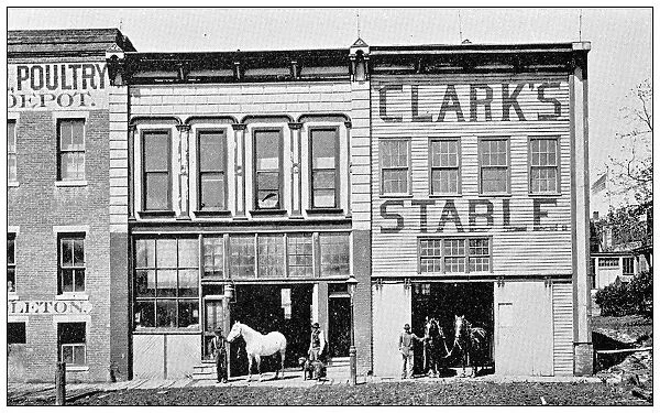 Antique photograph from Lawrence, Kansas, in 1898: Clarks livery stable