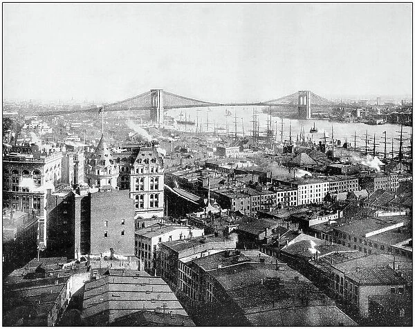 Antique photograph of World's famous sites: New York and Brooklyn Bridge