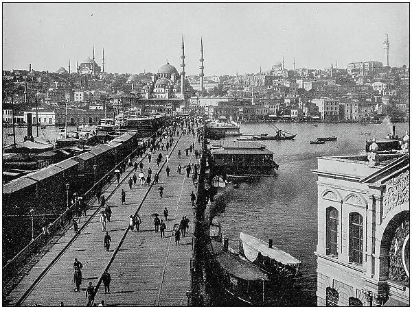 Antique photograph of World's famous sites: Galata Bridge, Istanbul, Turkey