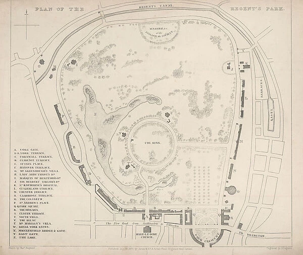 Antique Plan of Regents Park, London. 1827