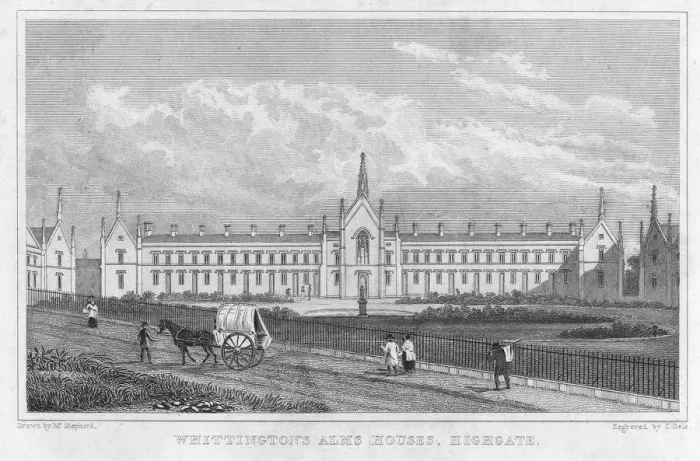 Framed Print : Antique print of Alms Houses in London Framed Print : Antique print of Alms Houses in London