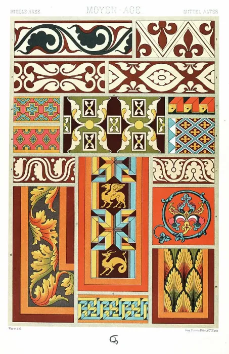 Framed Print : Antique Print Middle-age pattern Manuscripts Decoration by Racinet - Lithograph