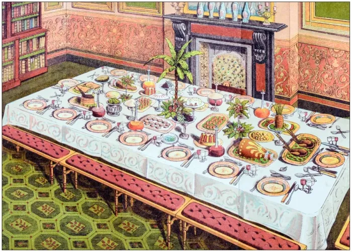 Framed Print : Antique recipes book engraving illustration: Dinner table Framed Print : Antique recipes book engraving illustration: Dinner table