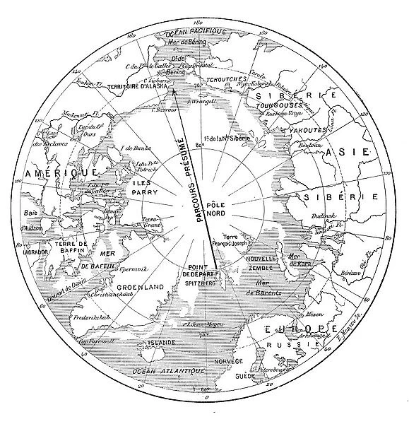 Antique scientific engraving illustration: North Pole map