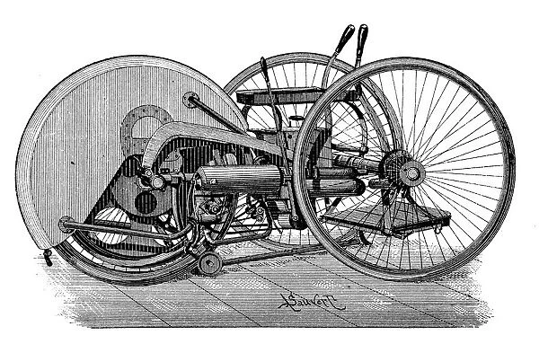 Antique scientific engraving illustration: Motorized Tricycle