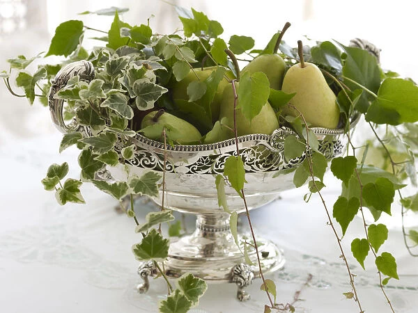 Antique silver fruit bowl with pears and stylish decoration in a noble ambiance