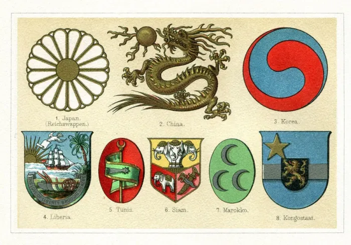 Framed Print : Antique vintage badges from Asia and Africa 1897 Framed Print : Antique vintage badges from Asia and Africa 1897