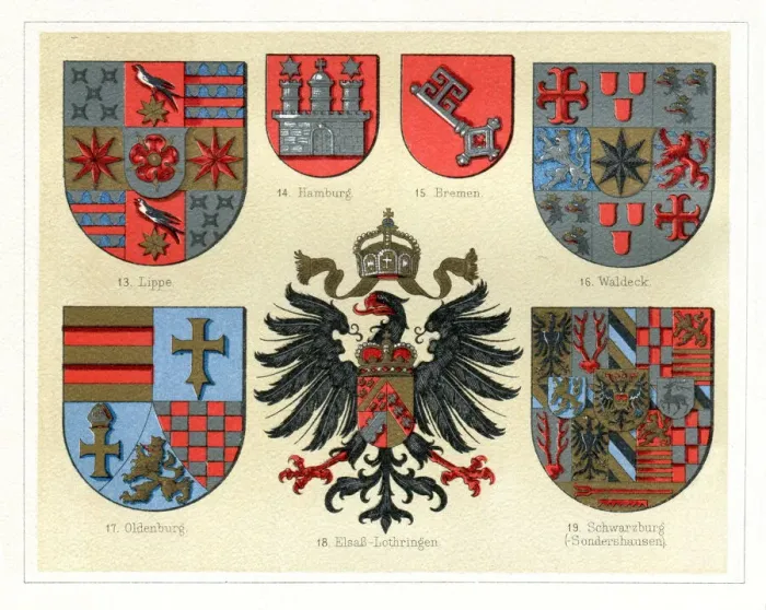 Framed Print : Antique vintage badges from Germany 1897 Framed Print : Antique vintage badges from Germany 1897