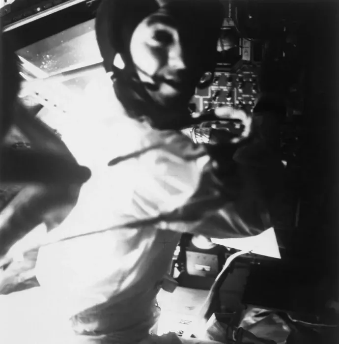 Framed Print : Apollo 13 astronaut, Fred Haise, is shown at the controls of teh lunar