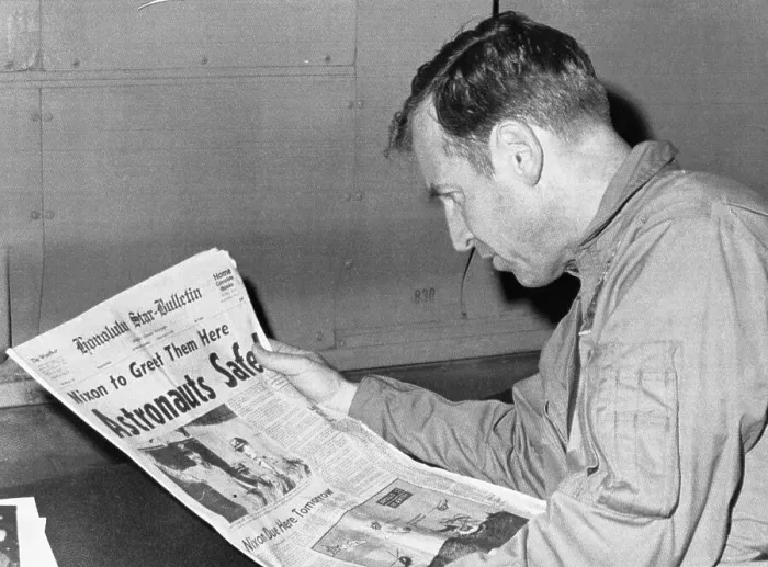 Framed Print : Apollo 13 Astronaut James Lovell Reads Headlines Framed Print : Apollo 13 Astronaut James Lovell Reads Headlines
