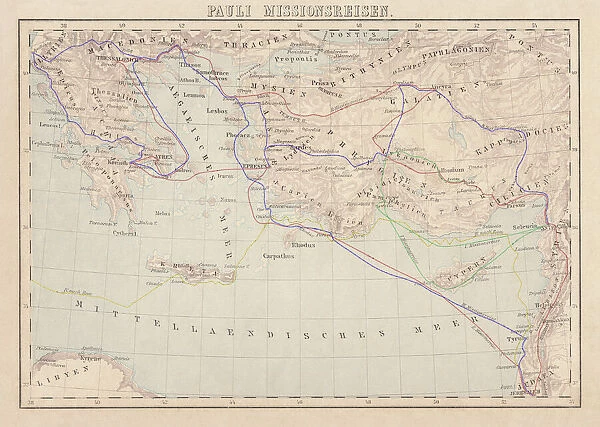 Apostle Pauls Missionary Journeys, lithograph, published in 1886