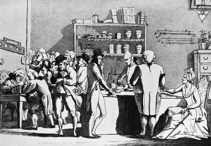 Framed Print : Apothecary Shop with Doctors and Customers