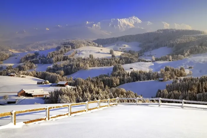 Framed Print : Appenzeller winter landscape in evening light with view on the Santis, Appenzell, Switzerland Framed Print : Appenzeller winter landscape in evening light with view on the Santis, Appenzell, Switzerland