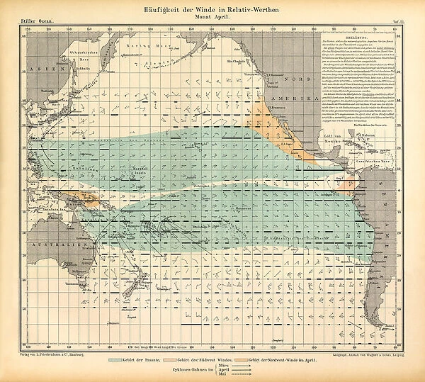 April Frequency of Winds in Relative Values Chart, Pacific Ocean, German Antique Victorian Engraving, 1896