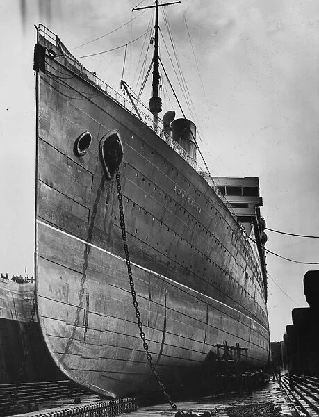 Aquitania. 15th March 1939: The liner Aquitania in dry dock at Southampton for an overhaul