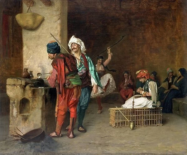 Arab in a coffee house in Cairo, balls are being cast at the stove, 1850, Egypt, Historic, digitally restored reproduction from a 19th century original