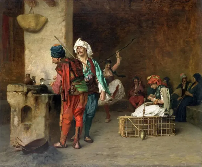 Framed Print : Arab in a coffee house in Cairo, balls are being cast at the stove, 1850, Egypt, Historic, digitally restored reproduction from a 19th century original Framed Print : Arab in a coffee house in Cairo, balls are being cast at the stove, 1850, Egypt, Historic, digitally restored reproduction from a 19th century original