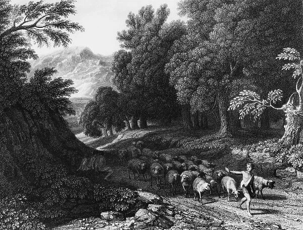 Arcadia. A shepherd leads his flock through an idyllic landscape, circa 1650