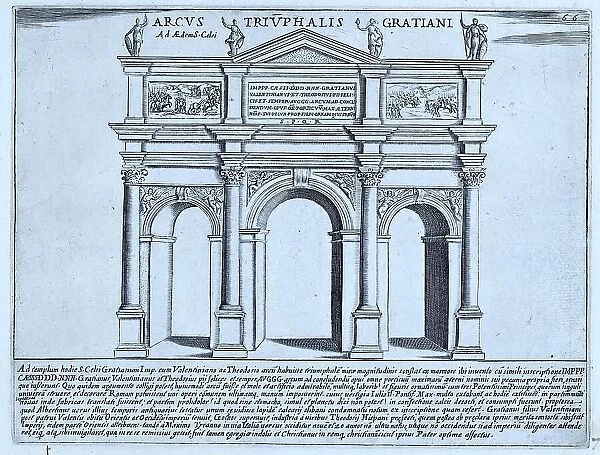 The Arch of Gratian. The Arch of Gratian, Theodosius and Valentinian was built between AD 379-383. Its purpose was to mark the pilgrimage route from St. Peter's to St