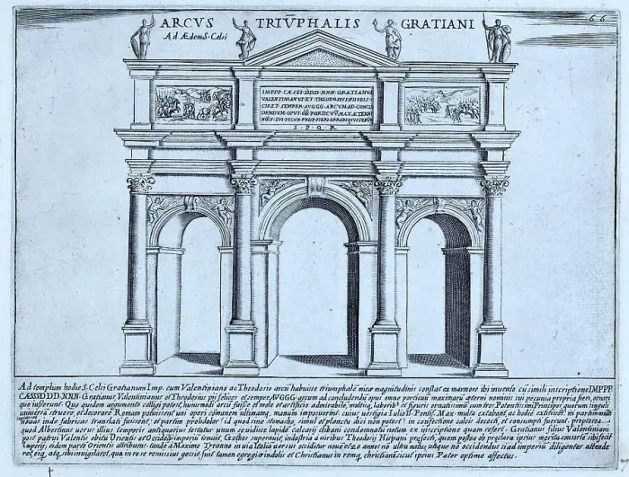 Framed Print : The Arch of Gratian. The Arch of Gratian, Theodosius and Valentinian was built between AD 379-383. Its purpose was to mark the pilgrimage route from St. Peter's to St Framed Print : The Arch of Gratian. The Arch of Gratian, Theodosius and Valentinian was built between AD 379-383. Its purpose was to mark the pilgrimage route from St. Peter's to St