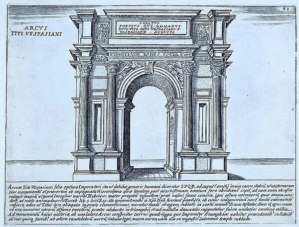 Arch of Vespasian. Vespasian was the general who put down an uprising of the Jews in Palestine in 66 AD and sacked the Jewish Temple in Jerusalem, historical Rome, Italy, 1625, Rome, digital reproduction of an 18th century original