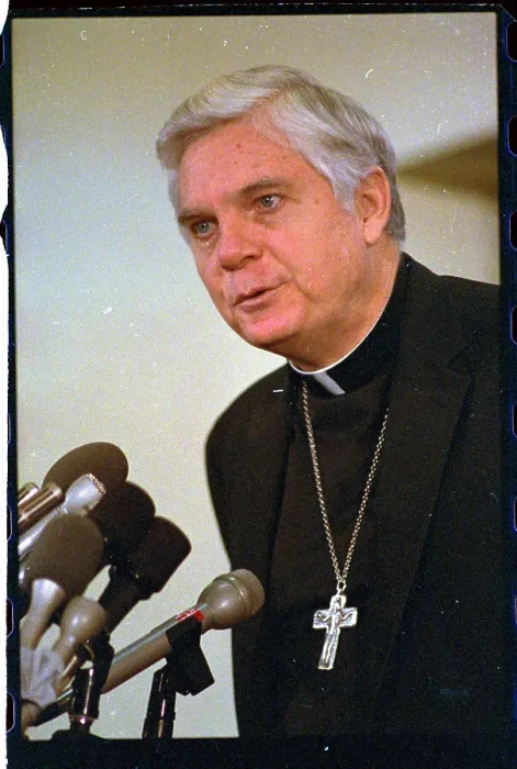 Framed Print : Archbishop Bernard Francis Law Speaking at Microphones