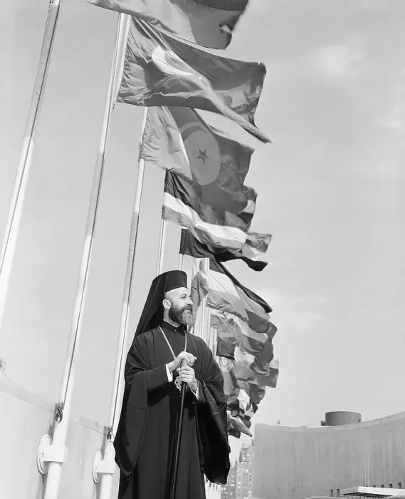 Framed Print : Archbishop Makarios Under UN Flags Framed Print : Archbishop Makarios Under UN Flags