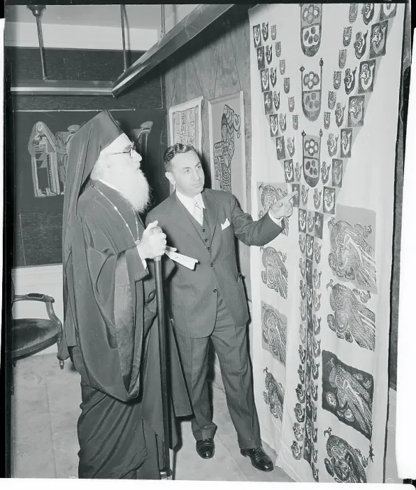 Framed Print : Archbishop Michael and Nuri Eren Viewing Hand Blocked Fabrics Framed Print : Archbishop Michael and Nuri Eren Viewing Hand Blocked Fabrics