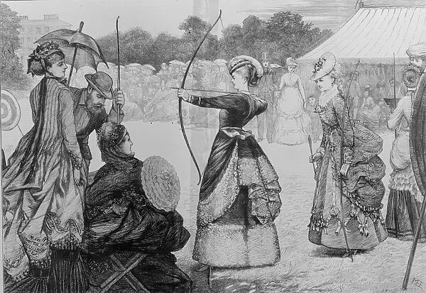 Archery. circa 1860: A contestant taking aim during the Grand National