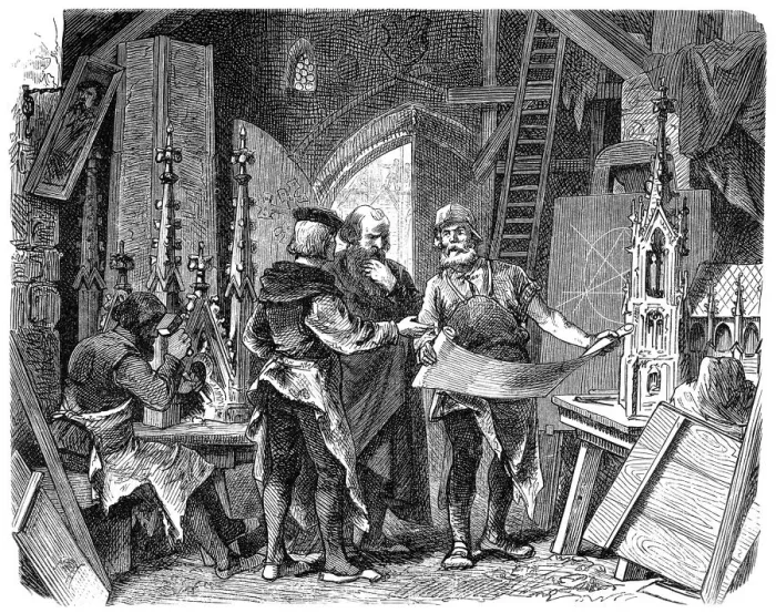 Framed Print : Architects and Craftsmen Designing a New Cathedral, 12th Century Europe