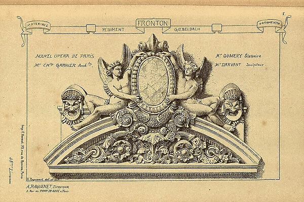 Architectural pediment, Angels, Theatre masks, History of architecture, decoration and design, art, French, Victorian, 19th Century