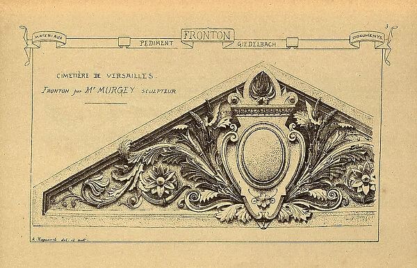 Architectural pediment, with shield, History of architecture, decoration and design, art, French, Victorian, 19th Century