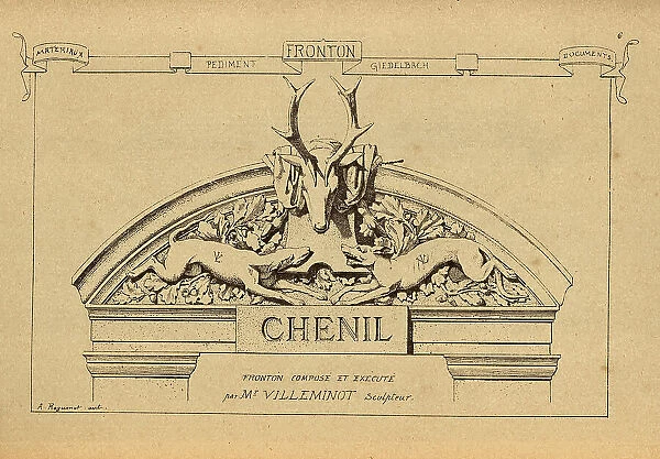 Architectural pediment, Stag and hounds, History of architecture, decoration and design, art, French, Victorian, 19th Century