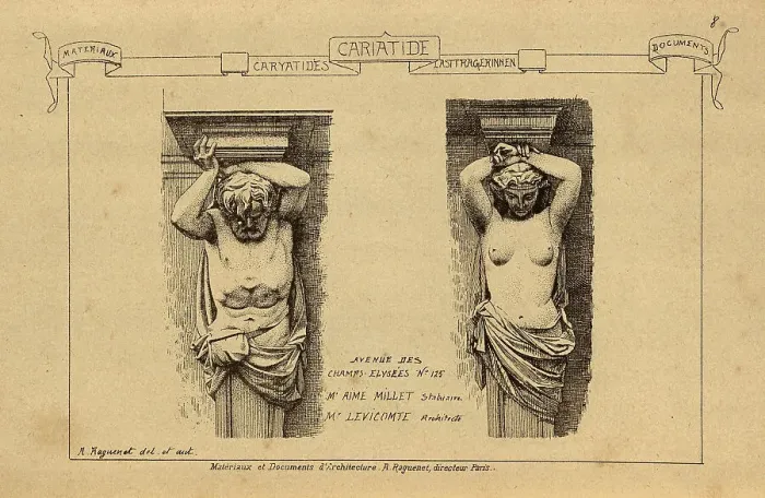 Framed Print : Architectural support, Caryatid, sculpted male and female figure, History of architecture, decoration and design, art, French, Victorian, 19th Century Framed Print : Architectural support, Caryatid, sculpted male and female figure, History of architecture, decoration and design, art, French, Victorian, 19th Century