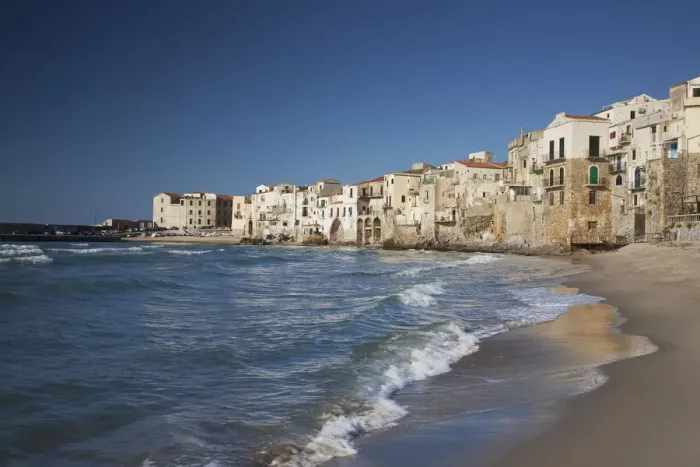 Framed Print : architecture, beach, beach town, blue, blue sky, building, cefalu, clear sky, color image
