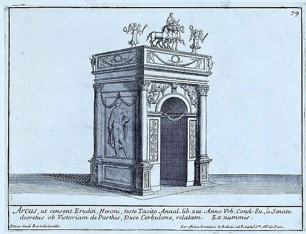 Arcus Domitiani Augusti ob Victoriam Germanicam ad Templum Fortunae Reducis de quo Martialis, the Arch of Domitian, after a coin design and a reference in an epigram by Martial, from Rossi's Romanae Magnitudinis Monumenta, historical Rome, Italy