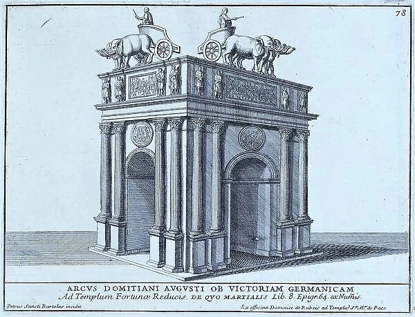 Arcus Traiani Augusti ob Victoriam Germanicam, a Roman victory arch based on a coinage, erected for the Emperor Trajan in honour of military victories in Germania, historical Rome, Italy, 1625, Rome, digital reproduction of an 18th century original