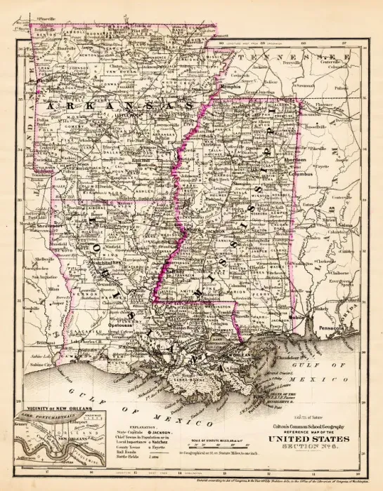 Framed Print : Arkansas Louisiana Pississippi map 1881 Framed Print : Arkansas Louisiana Pississippi map 1881