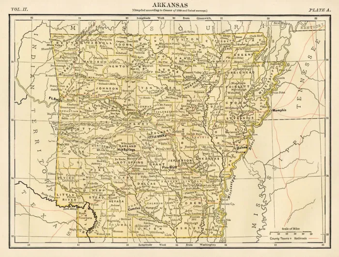Framed Print : Arkansas map 1878 Framed Print : Arkansas map 1878