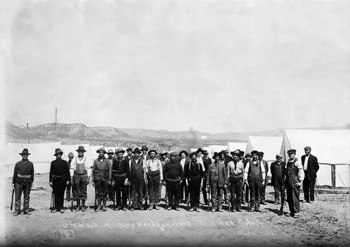Framed Print : Armed Miners Grouped by White Tents Framed Print : Armed Miners Grouped by White Tents