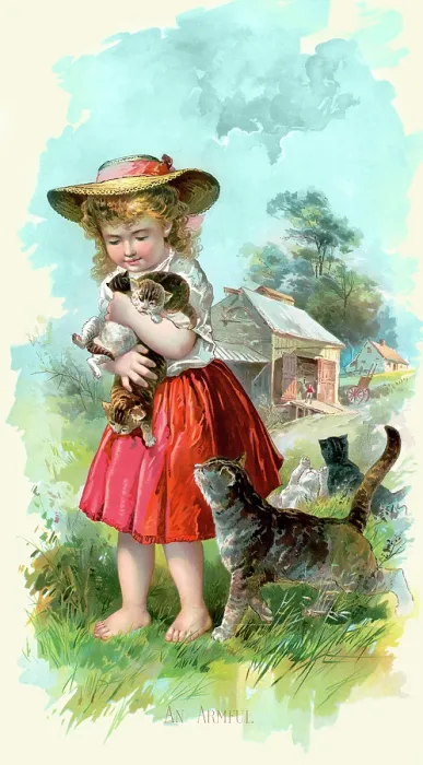 Framed Print : An Armful. Little girl tries holding squirming kittens Framed Print : An Armful. Little girl tries holding squirming kittens