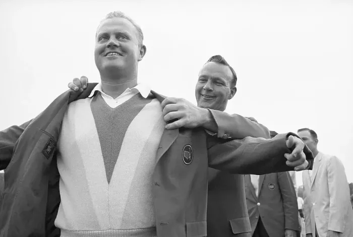 Framed Print : Arnold Palmer Helping Jack Nicklaus with Masters Jacket Framed Print : Arnold Palmer Helping Jack Nicklaus with Masters Jacket