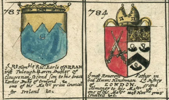 Framed Print : Arran and Hinchman coat of arms copperplate 17th century Framed Print : Arran and Hinchman coat of arms copperplate 17th century