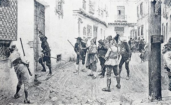 Arrest, Policeman Knocking on the Door, 1888, Argentina, Historic, digitally restored reproduction of an original 19th-century master