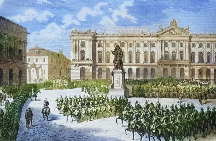 Framed Print : Arrival of Prussian troops at Stanislaus Square in Nanzig, illustrated war chronicle 1870-1871, Franco-German campaign, Germany, France Framed Print : Arrival of Prussian troops at Stanislaus Square in Nanzig, illustrated war chronicle 1870-1871, Franco-German campaign, Germany, France